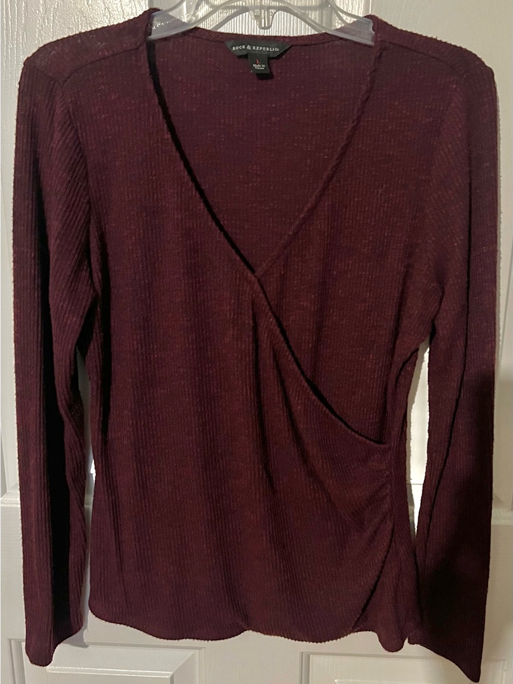 Rock & Republic Burgundy Waffle Knit Surplice Faux Wrap Top - Size L